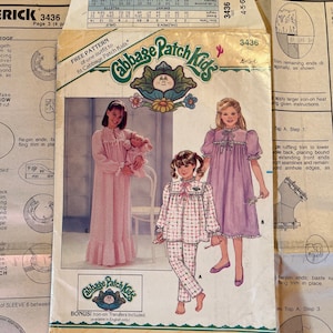 May include: A vintage sewing pattern for children's pajamas. The pattern is for Cabbage Patch Kids dolls and includes a free pattern for a doll outfit. The pattern is for sizes 4-5-6 and includes instructions for making the pajamas and a doll outfit.