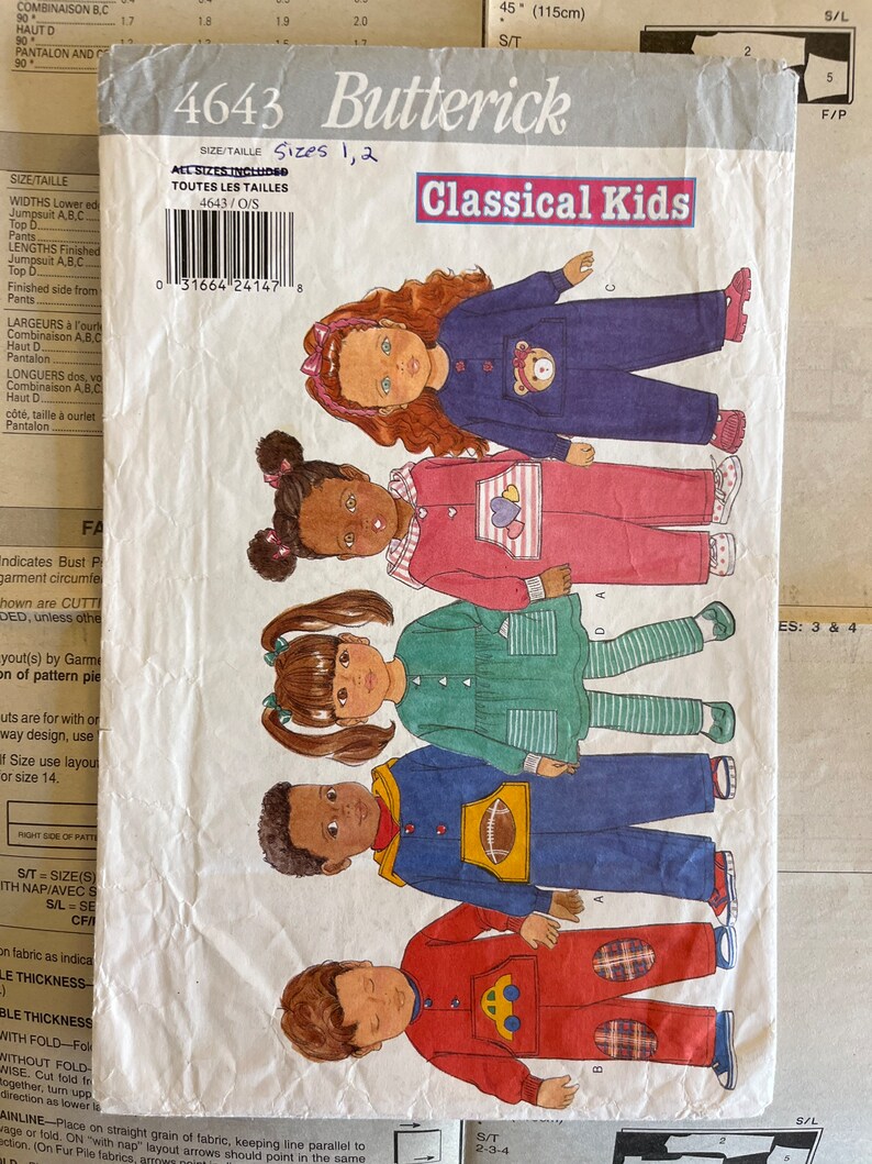 1996 Butterick 4643 Sizes 1, 2 Toddler Jumpsuit Pants Top Sewing ...