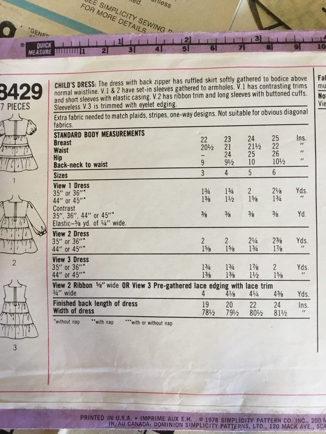 1978 Simplicity 8429 Size 6 Child's Dress Sewing Pattern - Etsy