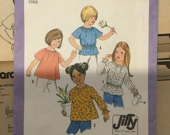 1977 Simplicity 8325 Sizes 3 and 4 Child's Jiffy Pullover Blouse Top Sewing Pattern