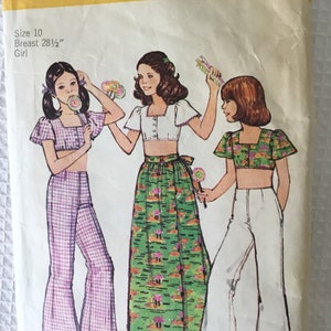1974 Simplicity 6425 Size 10 Sewing Pattern Girls Chubbies&#39; Top, Bell-Bottom Pants and Front-Wrap Skirt