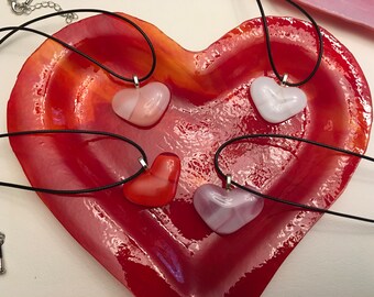 Red Pink white heart pendant necklace on black cord