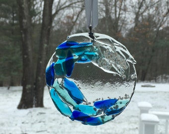 Fused glass ocean wave, window sun catcher, Christmas ornament