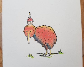 New Zealand Kiwi bird birthday card, cupcake, personalised, watercolour and ink