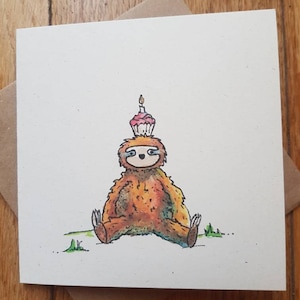 Luiaard verjaardagskaart, gepersonaliseerd, aquarel en inkt