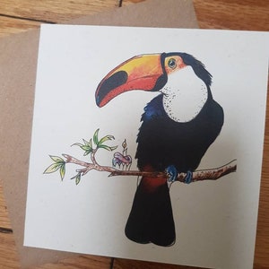 Aquarelle et encre toucan/ carte anniversaire oiseau/ cupcake_ carte de voeux/ carte recyclée