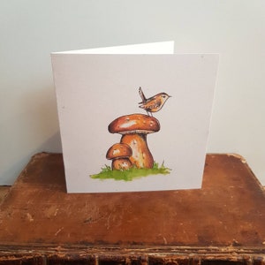 Carte champignons roi bolets et troglodyte/ carte personnalisée/ champignons/ troglodyte mignon/ aquarelle et encre/ oiseaux de jardin