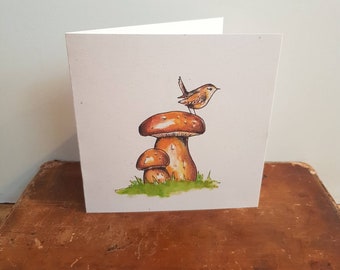 Carte champignons roi bolets et troglodyte/ carte personnalisée/ champignons/ troglodyte mignon/ aquarelle et encre/ oiseaux de jardin