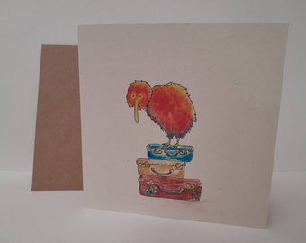 Tarjeta de acuarela y tinta con diseño de kiwi y maletas/viaje/adiós/lo siento por tu marcha/Nueva Zelanda/año sabático/personalizada