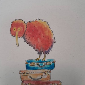 Aquarel en inkt kiwi en koffers kaart / reizen / tot ziens / sorry dat je weggaat / Nieuw-Zeeland / tussenjaar / gepersonaliseerd