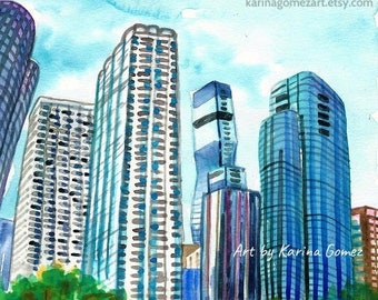 Blueish Chicago" Original Watercolor Painting by Karina Gomez Melendez 9X12"- Chicago Art - Chicago Architecture - Fine Art -Urban Landscape