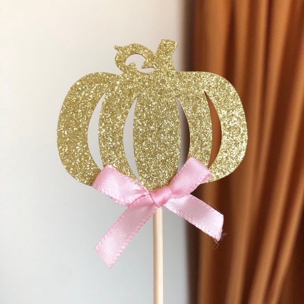 Gold Glitter Pumpkin Cupcake Toppers with Pink Bow,Little Pumpkin Girl Baby Shower/Birthday Decorations,Fall Autumn Cake toppers,PP001,PO001
