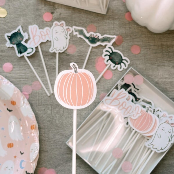 Hey Boo Halloween Cupcake Toppers, Pink Pumpkin Ghost Girl Birthday Decorations, Spooky cake toppers, 12ct | H001