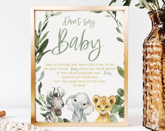 Don't Say Baby Sign Printable, Safari Jungle Animal, Greenery Baby Shower Game, Boy Baby Shower Sign,  SA2020