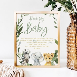 Don't Say Baby Sign Printable, Safari Jungle Animal, Greenery Baby Shower Game, Boy Baby Shower Sign,  SA2020