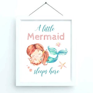 A little mermaid sleeps here wall sign, mermaid nursery decor printable, mermaid printable wall sign