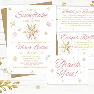 Little Snowflake Girl Pink Baby Shower invitation, Snowflakes / Snow / Winter / Christmas / gold Pink / On her way / book card, PM005 image 1