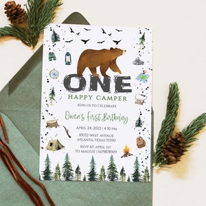 Editable One Happy Camper Birthday Invitation Instant Download Template | Adventure | A001