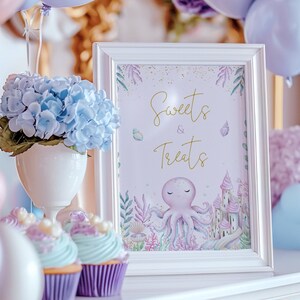 Pastel Mermaid Sweets & Treats Sign, Under the sea dessert table sign, Printable Digital, Beach Birthday, Floral Purple Teal, Summer,M2024