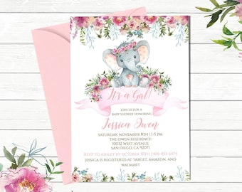 elephant baby shower invitation girl, editable elephant invitation template, floral elephant girl invite, peanut baby shower, pink, pm003