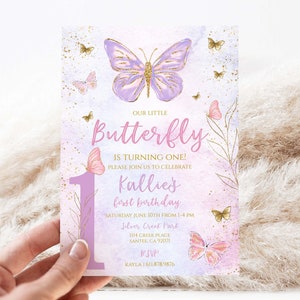 ButterFly First Birthday Invitation | Editable Pastel Butterfly Invite|Printable Girl's Birthday Invitation Template, BPP01