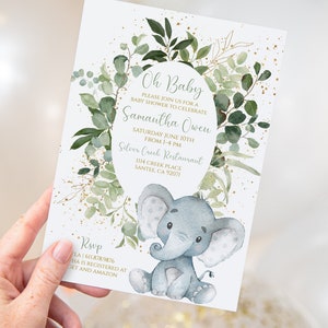 Invito per baby shower Elephant Greenery, invito Little Peanut Sage, invito Safari stampabile o stampato / modello modificabile, EE02