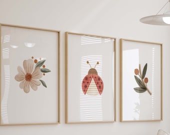 Ladybug Floral Watercolor Prints, Floral Ladybug Nursery Wall Art, Girl's Room Decor, Set of 3 Art Prints Shipped, 250
