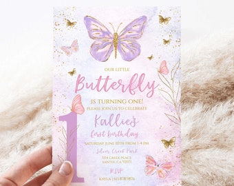 ButterFly First Birthday Invitation | Editable Pastel Butterfly Invite|Printable Girl's Birthday Invitation Template, BPP01