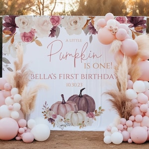 Pumpkin Birthday Backdrop Girl, Floral Fall, Personalized Pumpkin sign, Printed Backdrop, Birthday Decor, Photo prop, 707