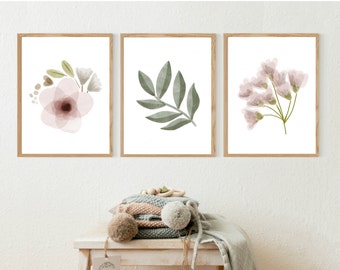 Rose gold muted colors floral boarder Baby monogram print Custom name printable wall art Farm nursery print set of 3
