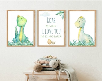 3 Modern Dinosaur Personalised Prints Dinos Nursery Wall Art Decor Boys Pictures