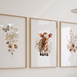 Highland Cow Wildflower Watercolor Prints, Floral Cow  Nursery Wall Art, Girl's Room Decor, Set of 3 Art Prints Shipped, 251