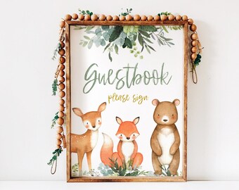 Woodland Animal Guestbook sign, Guestbook Table, Sage Greenery Gold, , baby shower table sign boy, Forest Animal baby shower, wood001