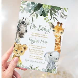 Safari Animal Baby Shower Invitation Greenery . Wild one invite, Jungle baby shower Invitation. Zoo Animal Baby Shower Invitation. SA2020