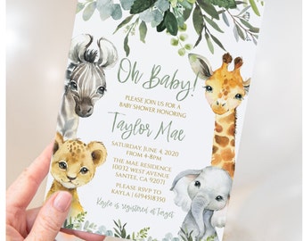 Safari Animal Baby Shower Invitation Greenery . Wild one invite, Jungle baby shower Invitation. Zoo Animal Baby Shower Invitation. SA2020