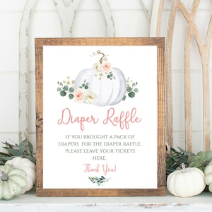 Diaper raffle sign, Girl Pumpkin Baby Shower, white floral pumpkin, fall baby shower, pumpkin watercolor, diaper raffle sign, PO002
