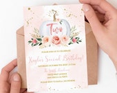 Pumpkin Invitation Second Birthday|Our Little Pumpkin 2nd birthday Invite|Pink and Gold|Girl Fall invitation|Instant download| Editable pb01