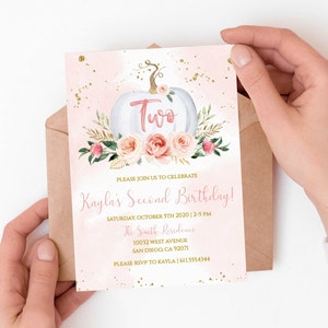 May include: A pink and white birthday invitation with a white pumpkin decorated with pink flowers and the word "Two" in pink. The invitation text reads "Please join us to celebrate Kayla's Second Birthday! Saturday, October 5th 2020 | 2-5 PM The Smith Residence 10032 West Avenue San Diego, CA 92071 Please RSVP to Kayla | 611.555.4344"
