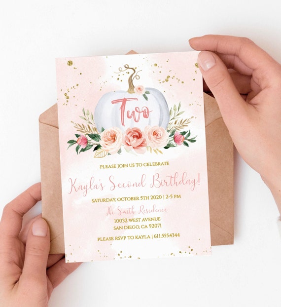 Pumpkin Invitation Second Birthday|Our Little Pumpkin 2nd birthday Invite|Pink and Gold|Girl Fall invitation|Instant download| Editable pb01