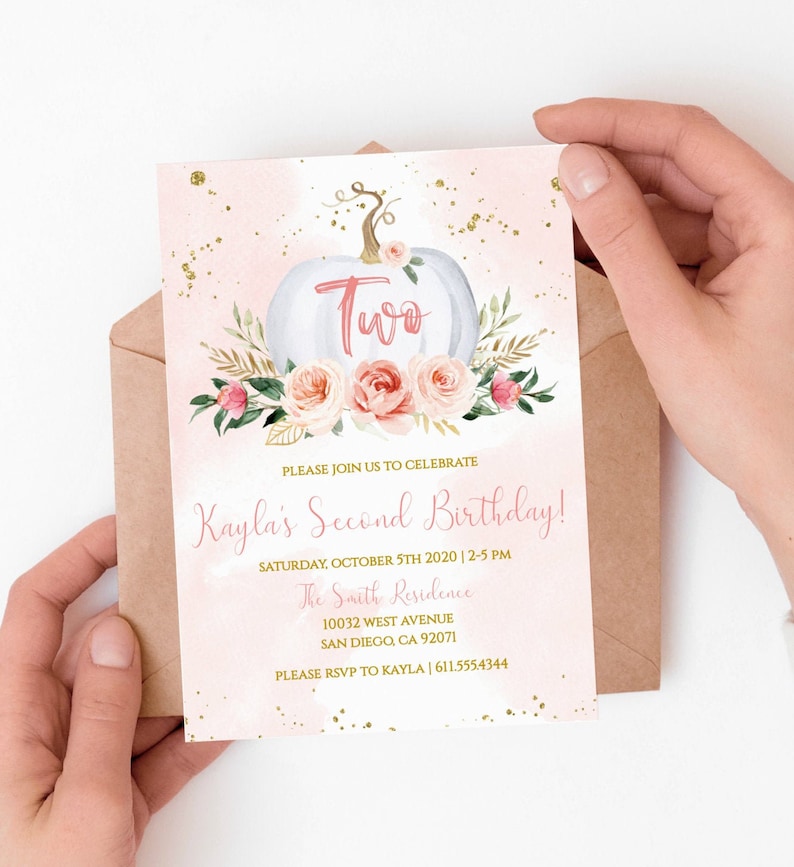 May include: A pink and white birthday invitation with a white pumpkin decorated with pink flowers and the word "Two" in pink. The invitation text reads "Please join us to celebrate Kayla's Second Birthday! Saturday, October 5th 2020 | 2-5 PM The Smith Residence 10032 West Avenue San Diego, CA 92071 Please RSVP to Kayla | 611.555.4344"