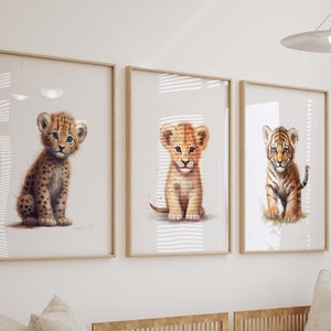 Safari Jungle Animal Watercolor Prints, Set of 3 Nursery Wall Art, Boy Room Decor, Zoo Animal Art Prints Shipped, Lion, tiger, leopard