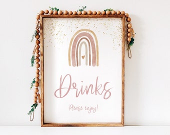 Boho Rainbow Drinks Table Sign Blush, 1st Birthday Table Party Sign- INSTANT DOWNLOAD,R001