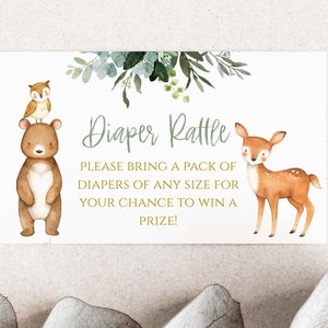 Woodland babyshower luierloterij, dierlijk groen en goud, bosdieren luierloterij, Wood001