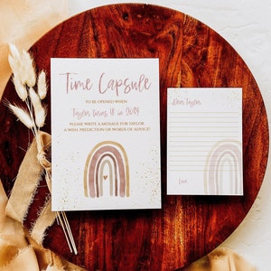 Cápsula do tempo arco-íris EDITÁVEL e cartões de nota correspondentes, Boho Blush Rainbow para impressão, 1º aniversário, R001