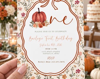 Little Pumpkin First Birthday Invitation, Whimsical Floral Fall invite, Autumn, Digital ,202602