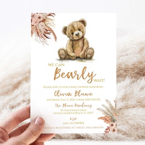 EDITABLE Boho Bear Baby Shower Invitation | We Can Bearly Wait Bear Invite | Girl Teddy Bear |  |  Printable Template or Printed | BB76