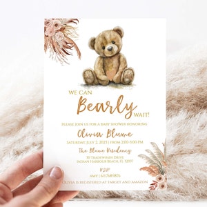 Invito per baby shower Boho Bear MODIFICABILE / Invito per orsetto We Can Bearly Wait / Orsetto di peluche femmina / / Modello stampabile o stampato / BB76