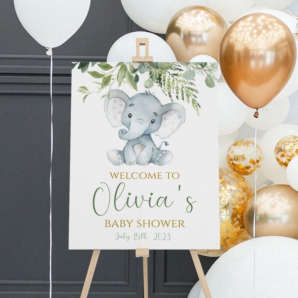 Elephant Baby Shower Welcome Sign, Greenery Elephant welcome sign Sage, Printed Foam Board, Baby Shower Decor, EE02