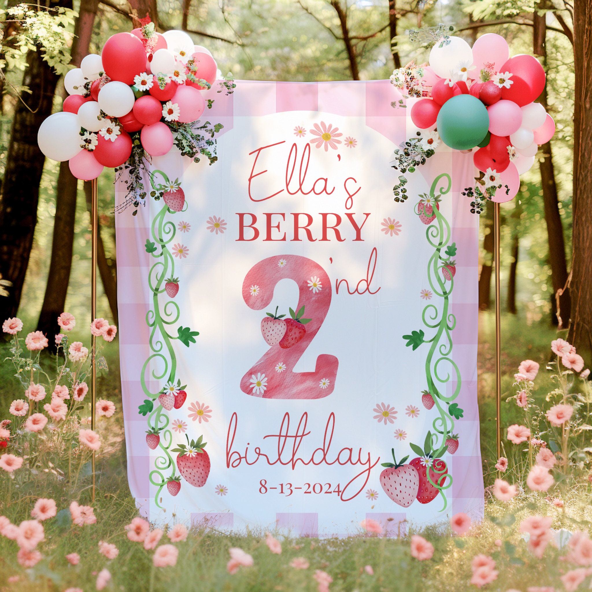 Strawberry Birthday Backdrop, Berry First Birthday, Personalized ...