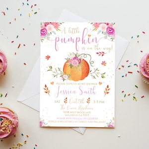 Mädchen kleine Kürbis-Babyparty-Einladung, Mädchen-Babyparty einladen, Kürbis-Babyparty einladen, Herbst-Babyparty, Kürbis orange rosa, PO003